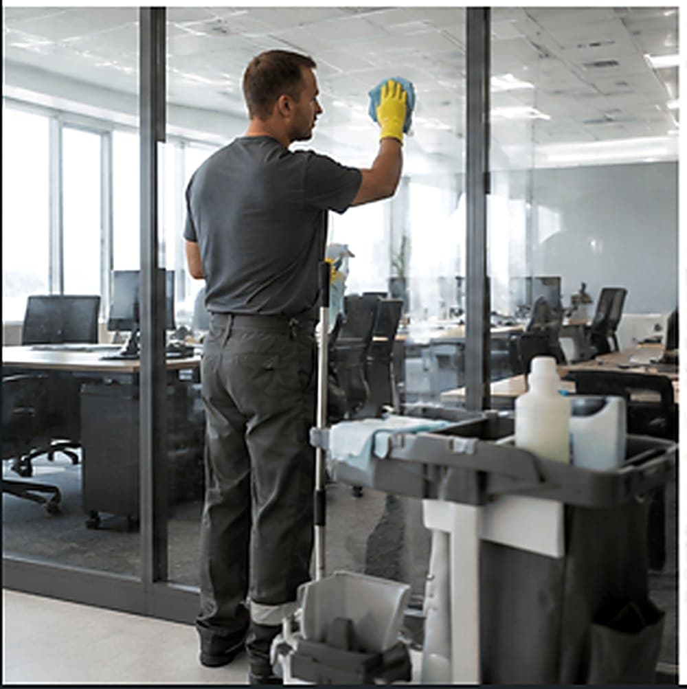Gemsha Services team member cleaning office glass partitions
