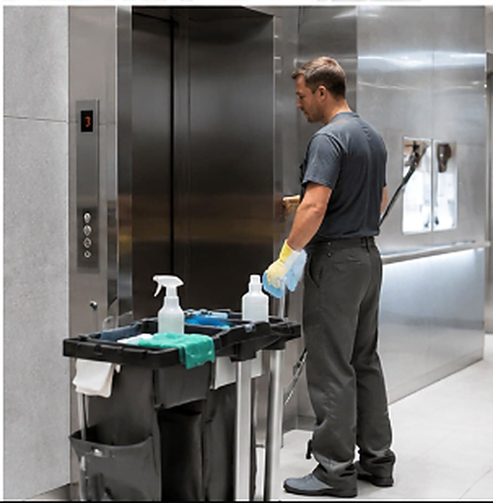 Gemsha Services team member sanitizing an elevator