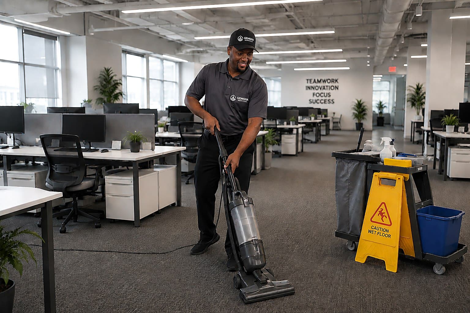 Gemsha Services team member vacuuming an office floor