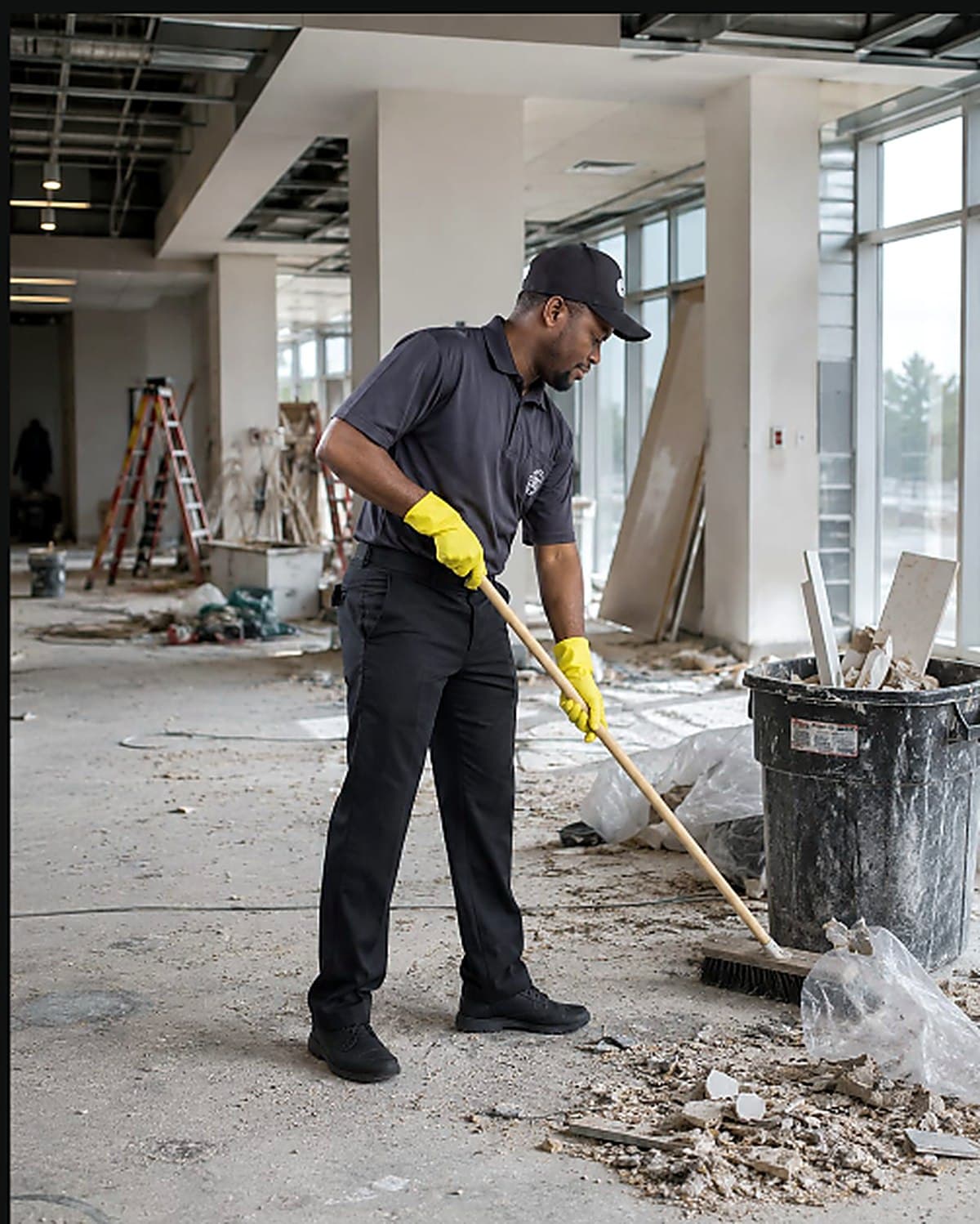 Gemsha Services team member sweeping post-construction debris